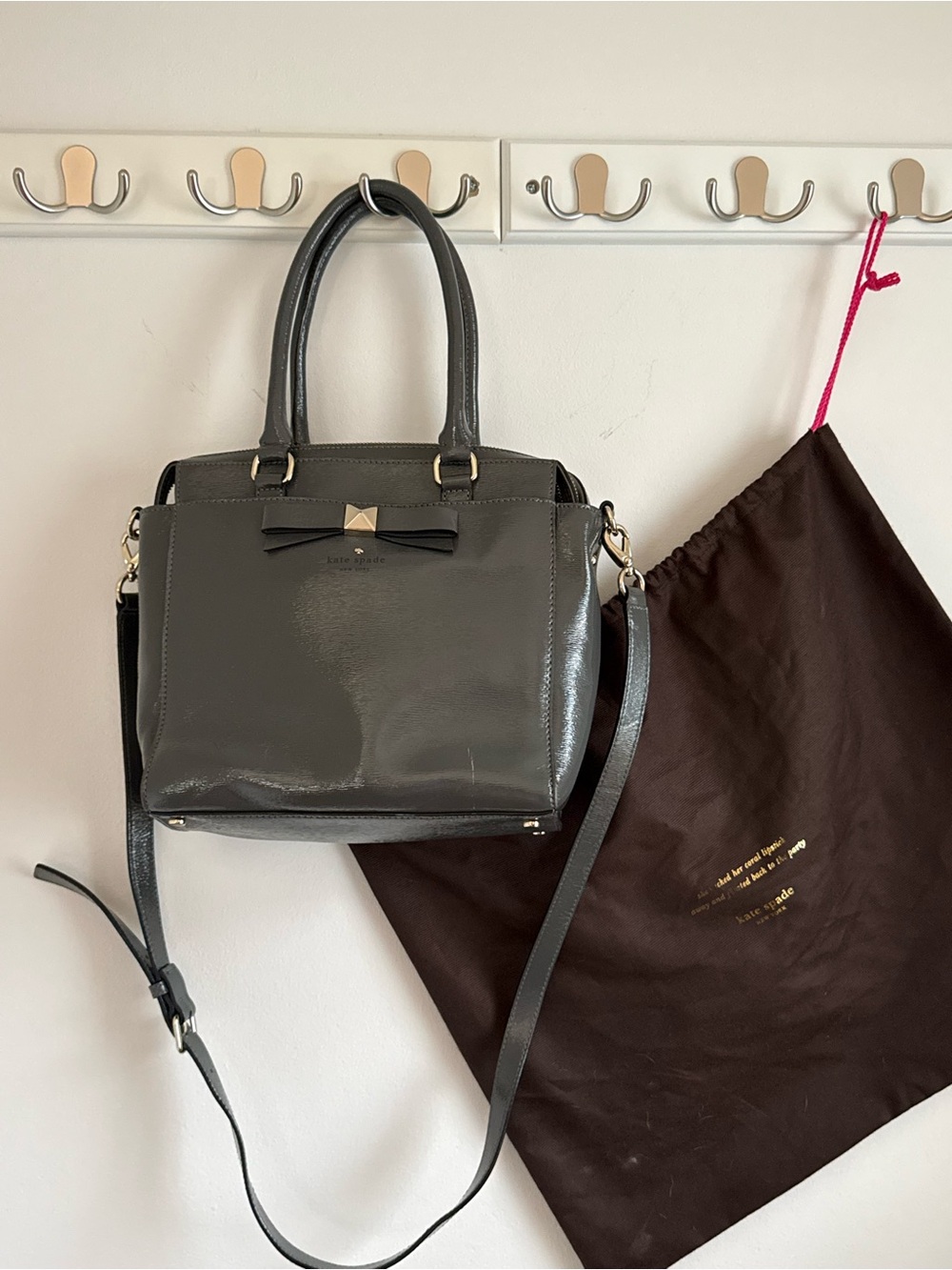 kate spade Gray Patent Satchel with Bow Accent and dust bag